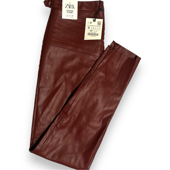 Zara Pants - NWT Zara Hi Rise Vegan Leather Burgundy Leggings- Size Small